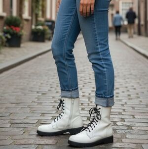 Metaphor White Side Zipper Black Heeled Combat Boots
